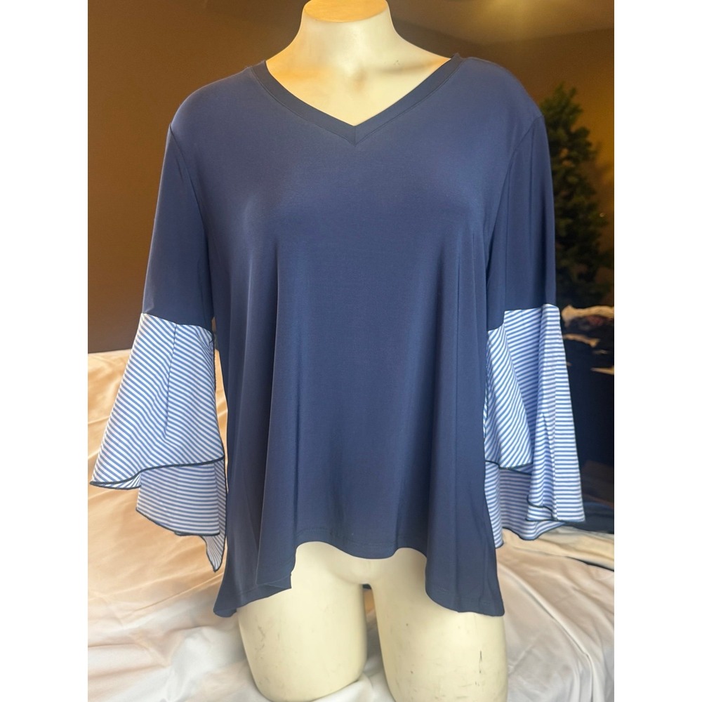 Vecceli Italy Navy Bell Sleeve Blouse Women's One Size Blue Stripe Ruffle Sleeve